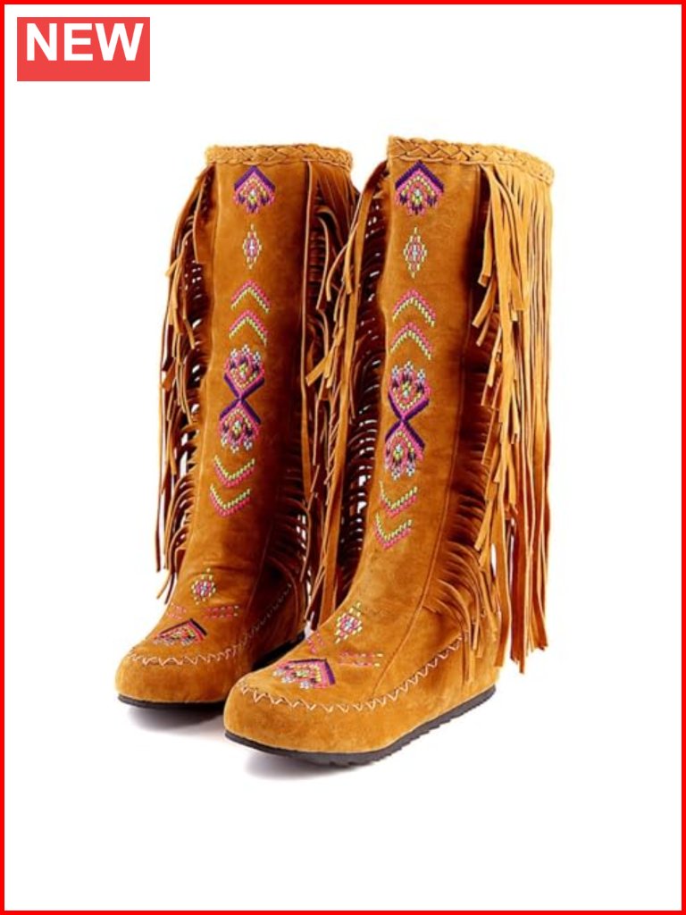 Fringe Western Boots Suede Embroidered Pull On Cowgirl Mid Calf Knee High Flat